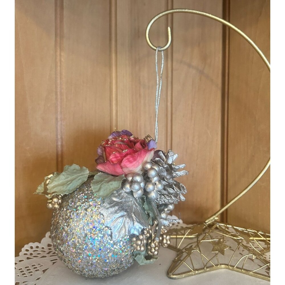 Handmade Floral Glitter Handcrafted Christmas Ornament Silver Pink Decoration